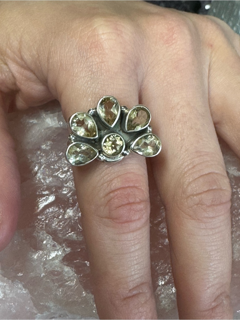 Citrine Floral Cluster Sterling Silver Ring - Size 8